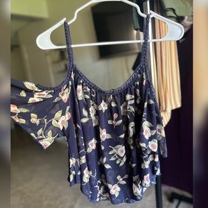 Navy Blue Open Shoulder Floral Top